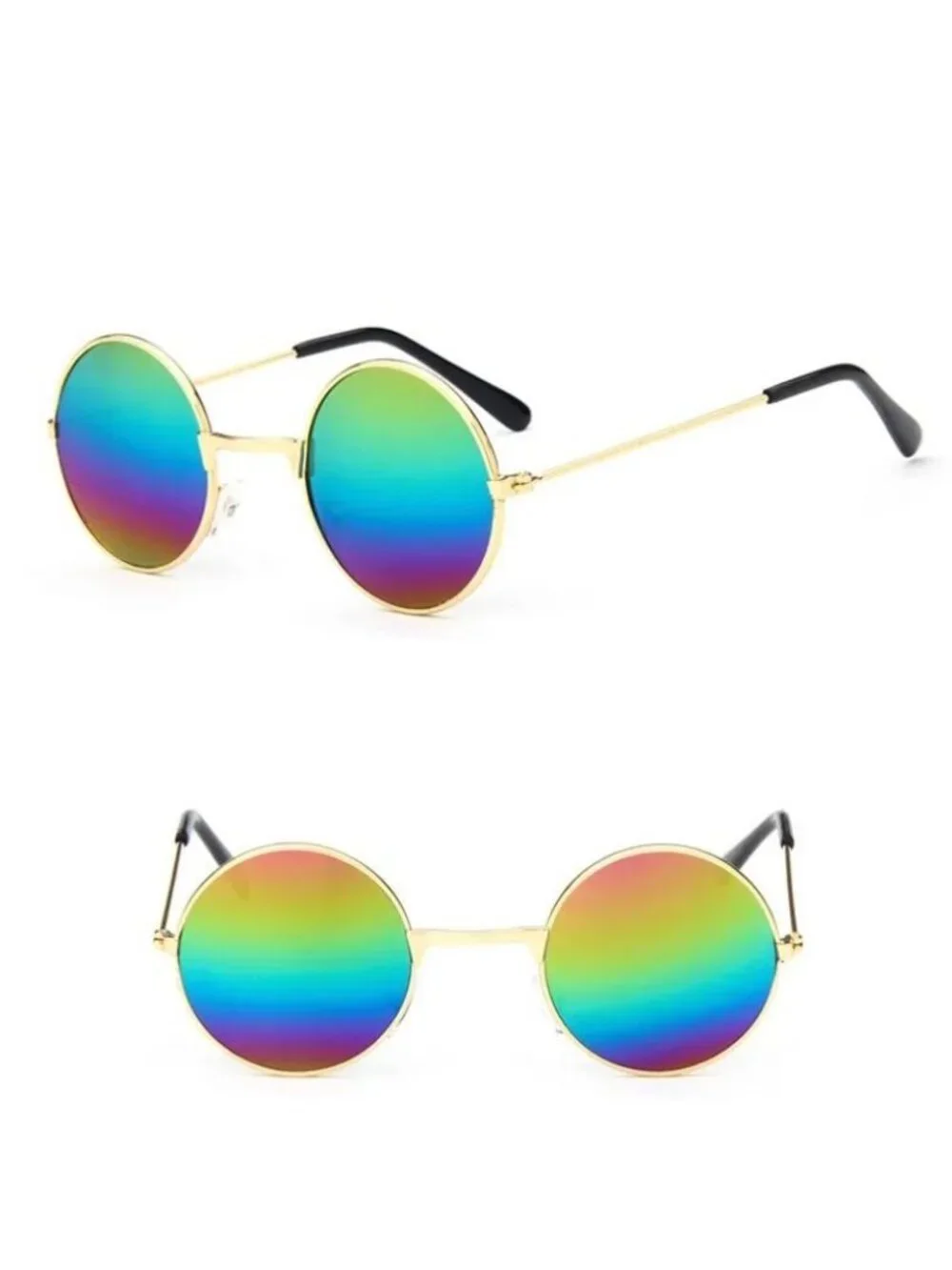 Retro Round Sunglasses With Gold Metal Frame Multicolored Metallic Lenses